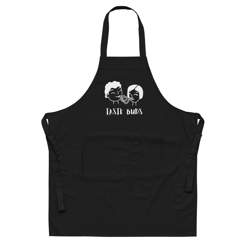Black apron with 'Taste Buds' design on a white background
