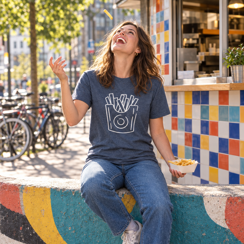 A woman sitting on a colorful painted curb outdoors, wearing a heather navy blue t-shirt with a white graphic of a french fries bag. She is laughing and throwing a french fry, holding a paper tray of fries.