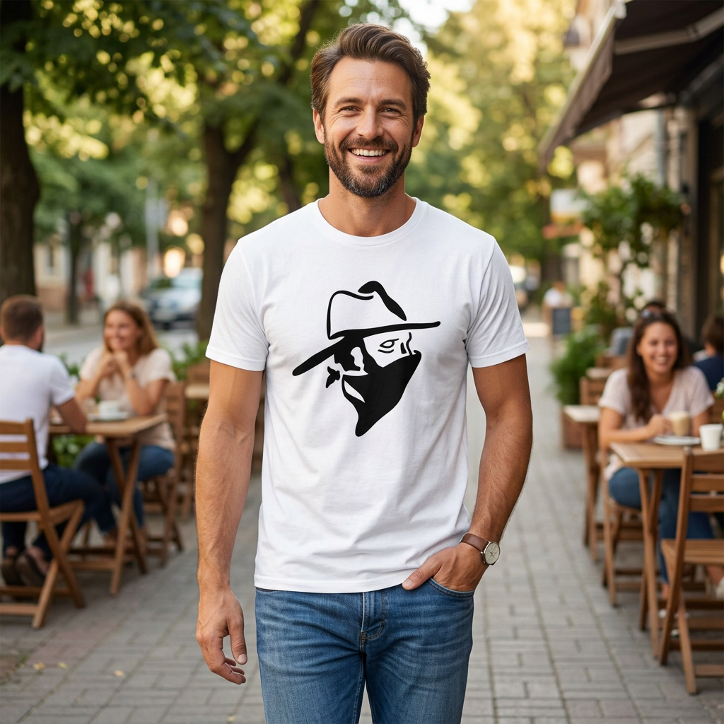A man wearing a white t-shirt with a black graphic of a cowboy hat and a face, standing in an outdoor cafe setting.