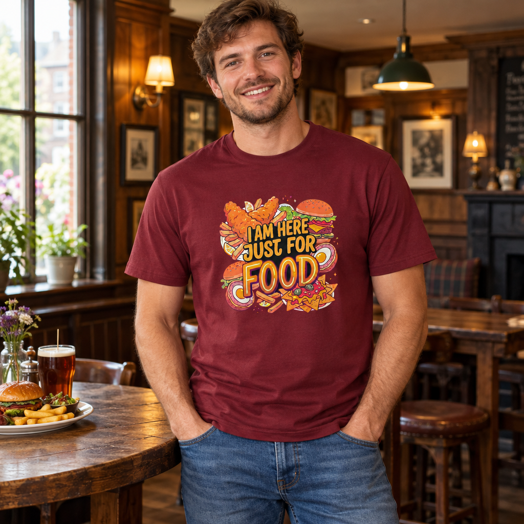 Model wearing the burgundy Pub Food T-shirt inside a pub