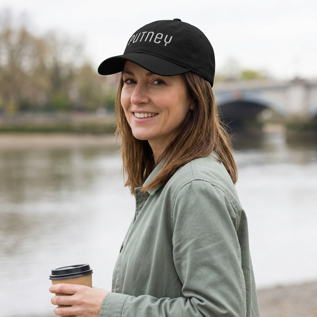 A woman outdoors by the water wearing a black baseball cap with the name 'Putney' embroidered in white on the front, paired with an olive green shirt and holding a coffee cup.