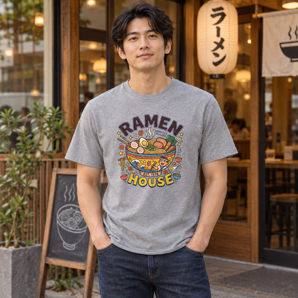 Model wearing the Ramen House T-shirt made of Organic Cotton