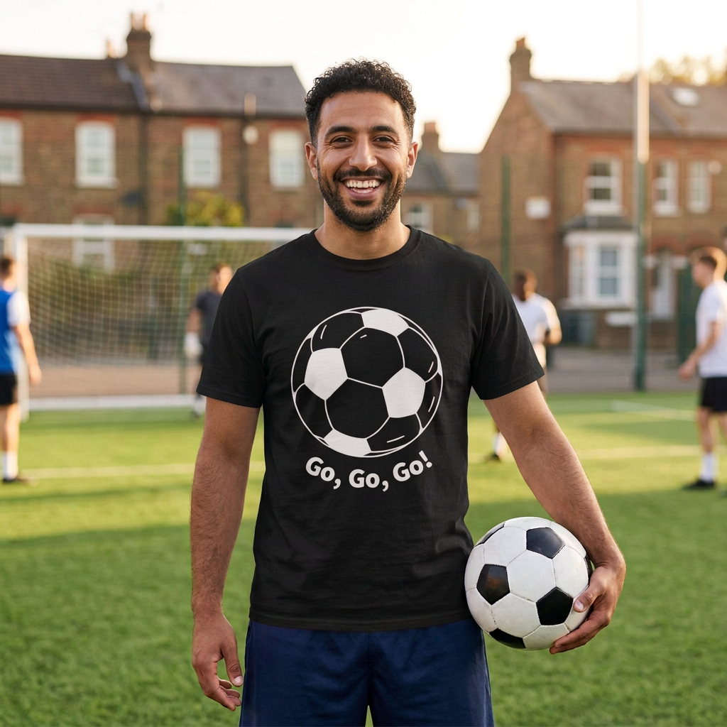 A smiling man on a soccer field wearing a black t-shirt with a white soccer ball graphic and the text 'Go, Go, Go!' below it, holding a soccer ball. Brick houses and other players are blurred in the background.