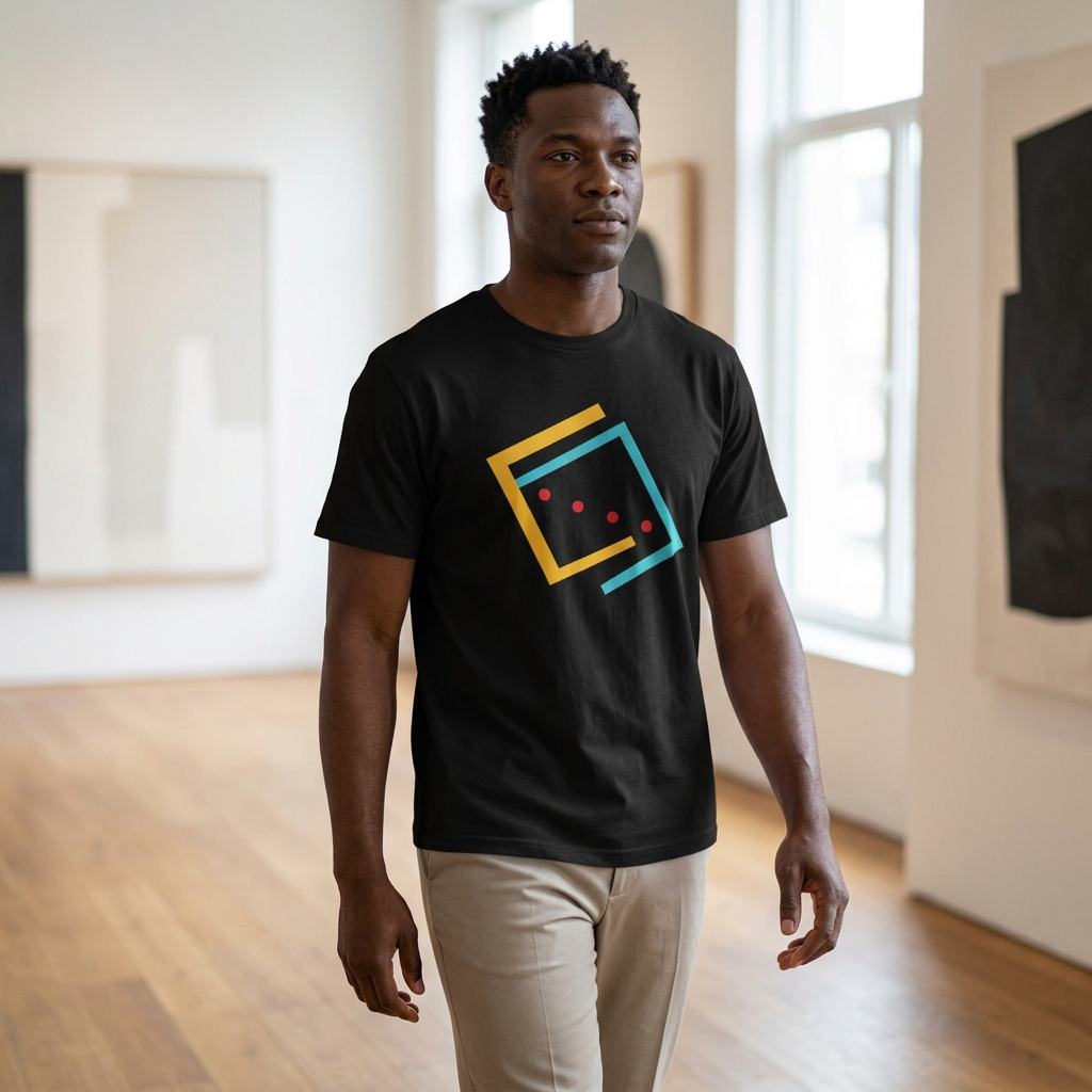 A man wearing a black t-shirt with a colorful geometric square graphic on the chest, standing in a bright, modern art gallery with wood floors and framed abstract paintings.
