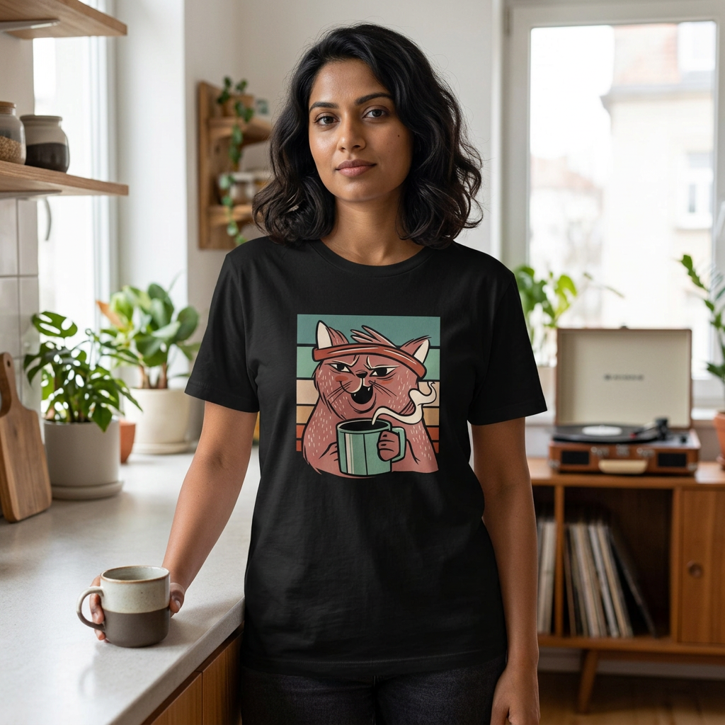 A woman wearing a black graphic t-shirt with a cartoon retro cat holding a mug of coffee, standing in a bright, modern kitchen.