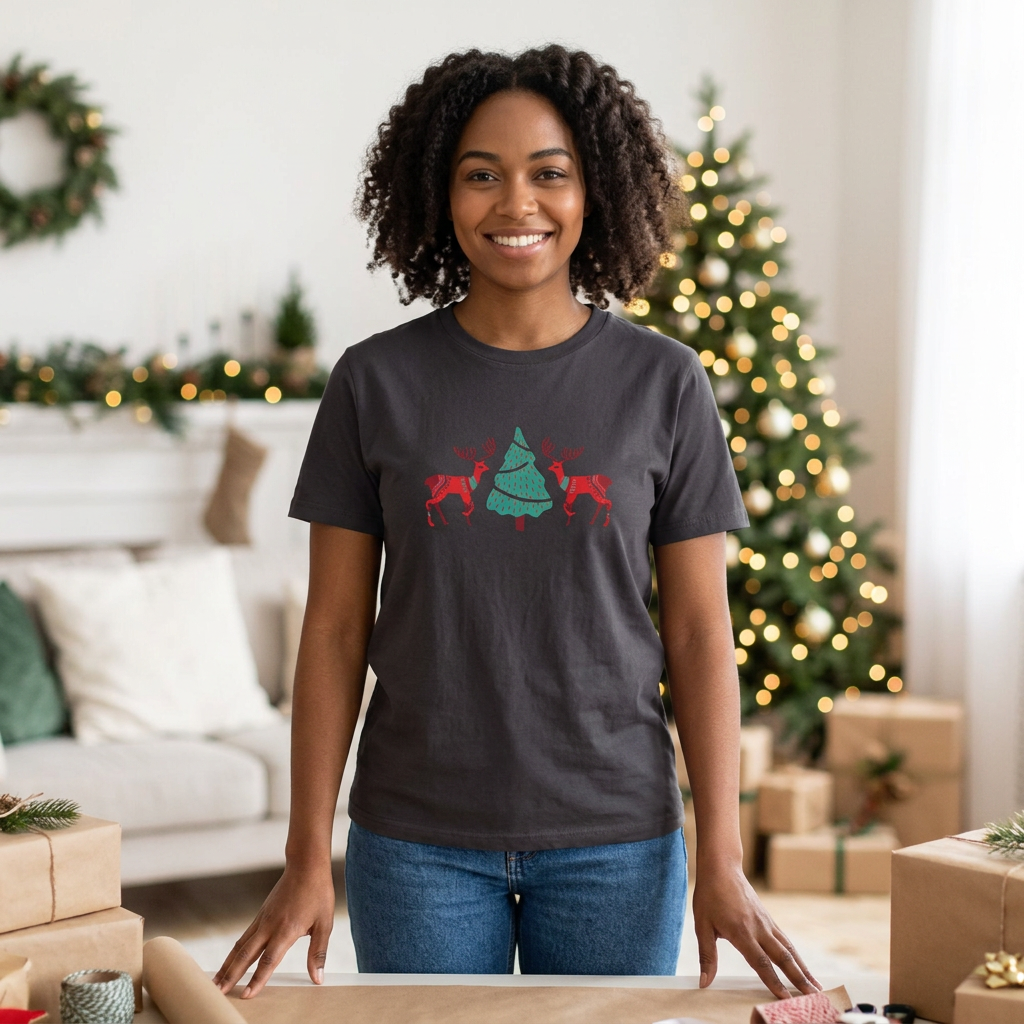 Lifestyle photo of a model wearing the anthracite Christmas T-shirt