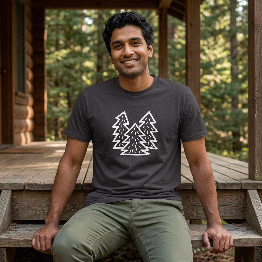 Lifestyle photo of a model wearing the anthracite pine-tree T-shirt