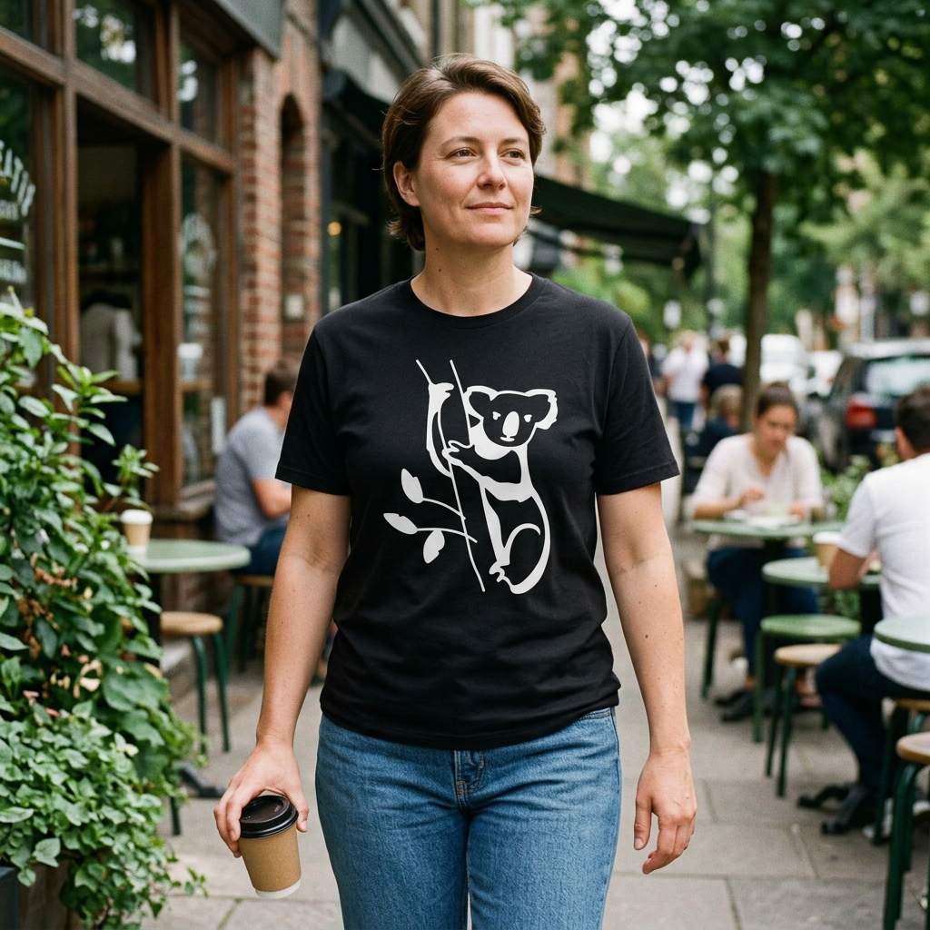 A woman walking on a city sidewalk wearing a black graphic t-shirt with a white koala illustration, holding a paper coffee cup. The background shows a blurred outdoor cafe scene with tables, chairs, and other people.