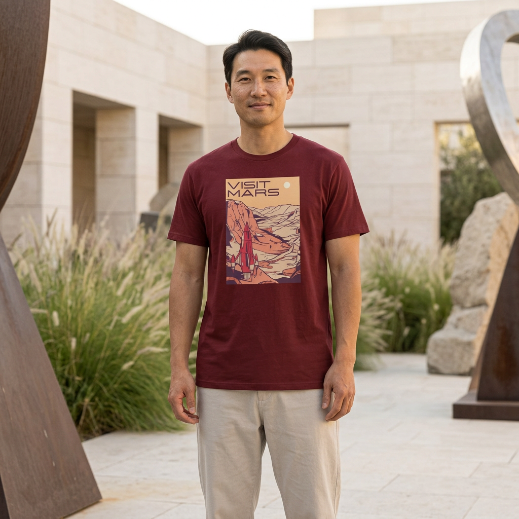 A man wearing a maroon crewneck t-shirt with a 'Visit Mars' graphic print, standing outdoors in a modern architectural setting.