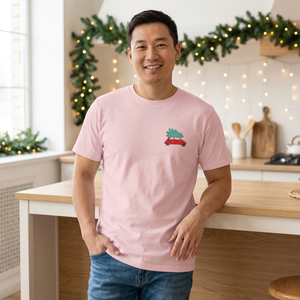 Lifestyle photo of a model wearing the cotton-pink Christmas Driving T-shirt