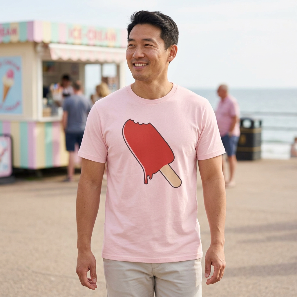 Lifestyle photo of a model wearing the cotton-pink Icecream T-shirt