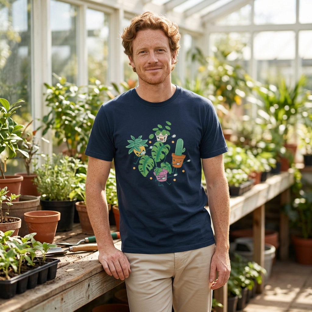 Lifestyle photo of a model wearing the French navy Plant Lover T-shirt