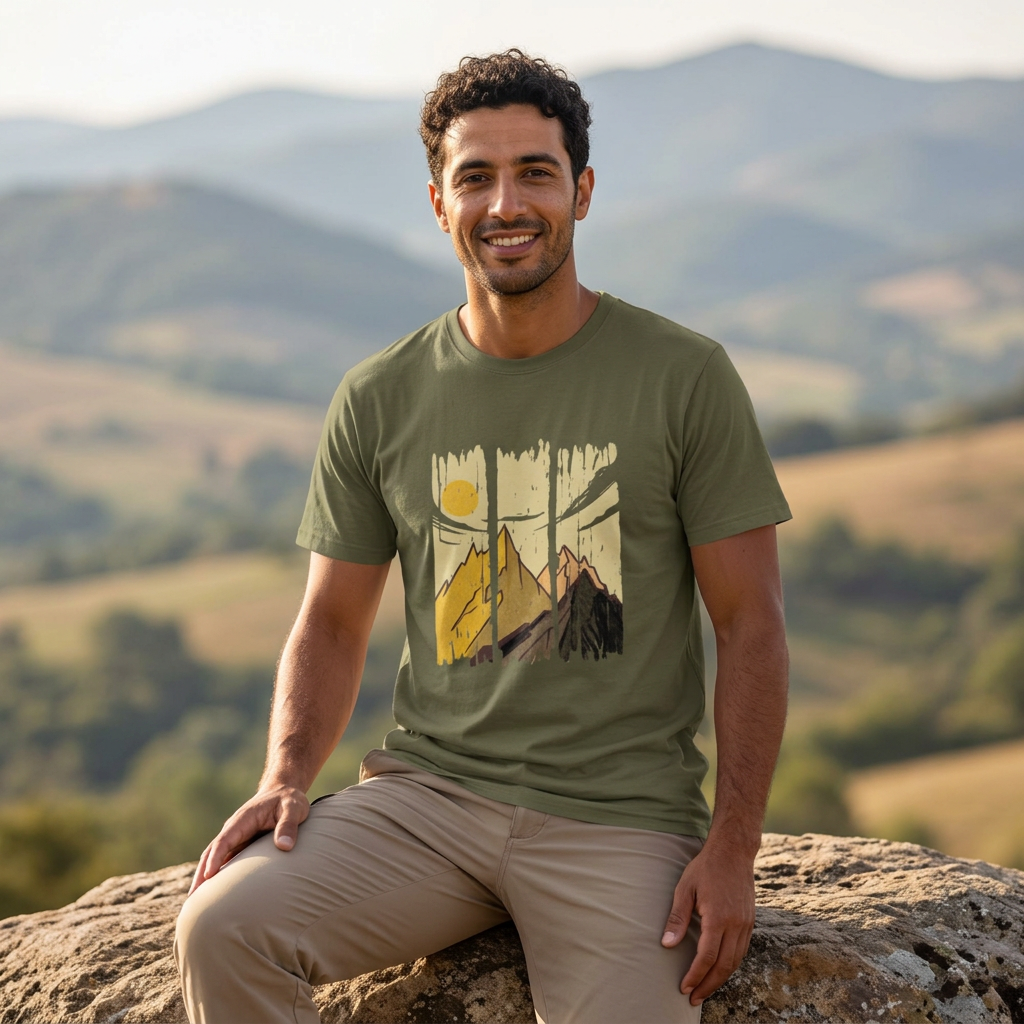 Lifestyle photo of a model wearing the khaki Mountains T-shirt