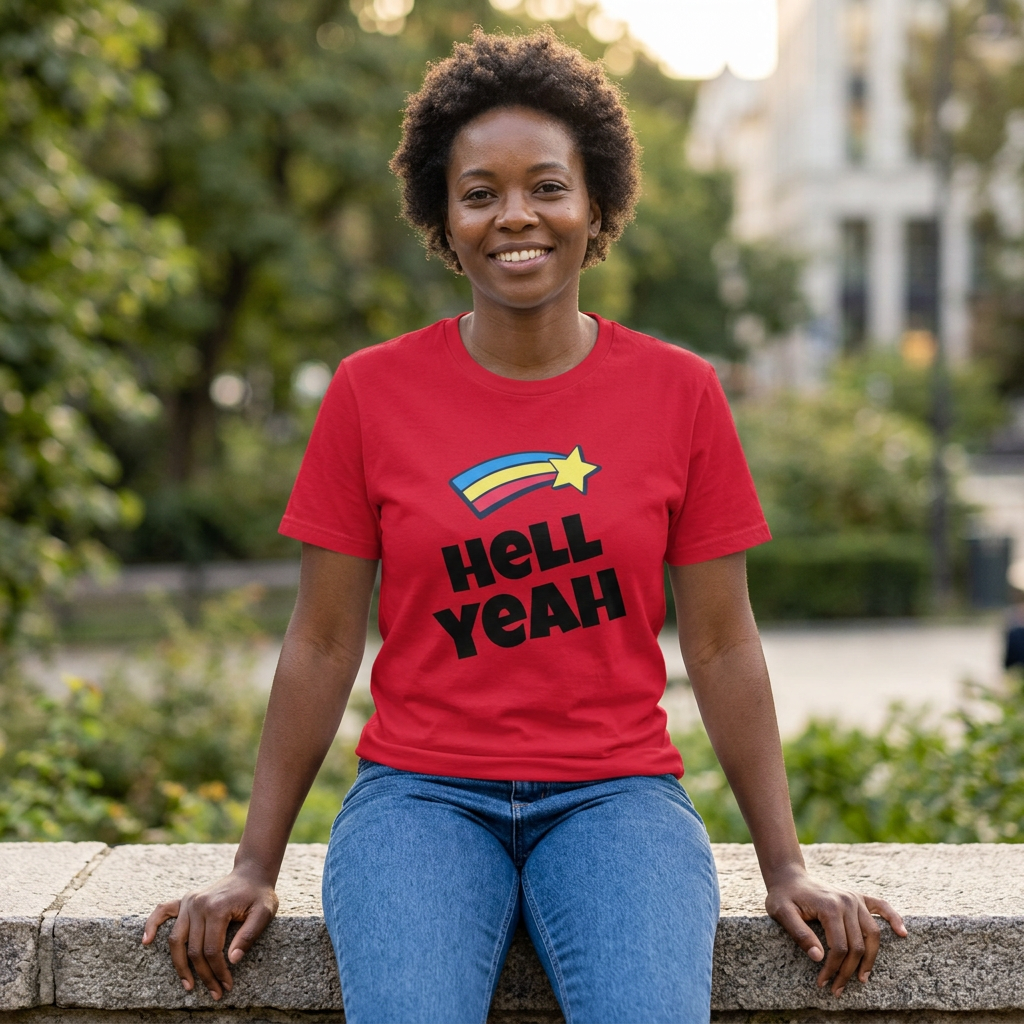Lifestyle photo of a model wearing the red Hell Yeah T-shirt