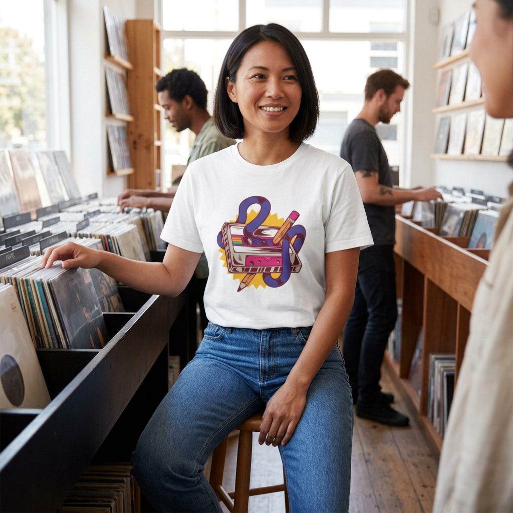 Lifestyle photo of a model wearing the white Retro Cassette T-shirt