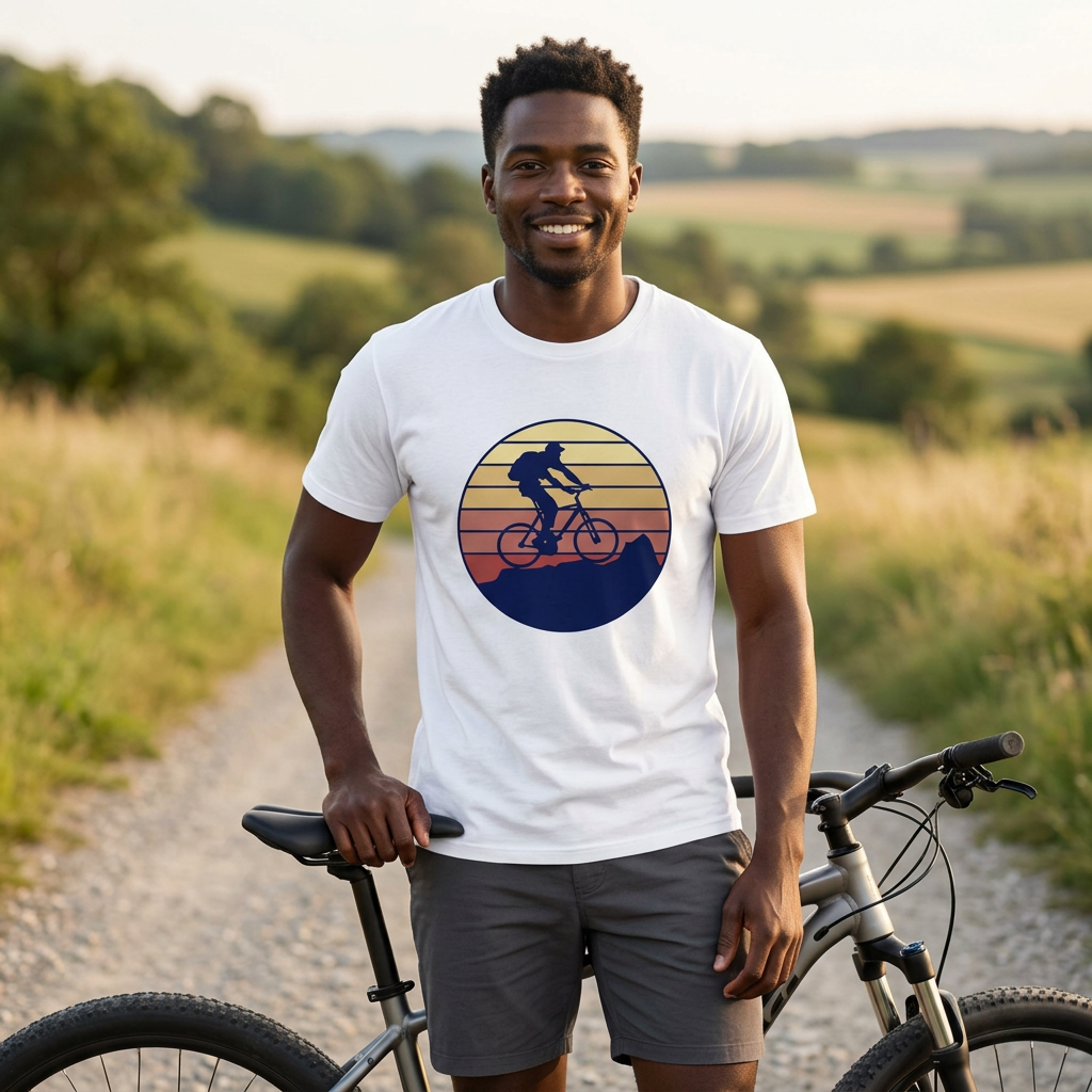 Lifestyle photo of a model wearing the white Retro Cycling T-shirt