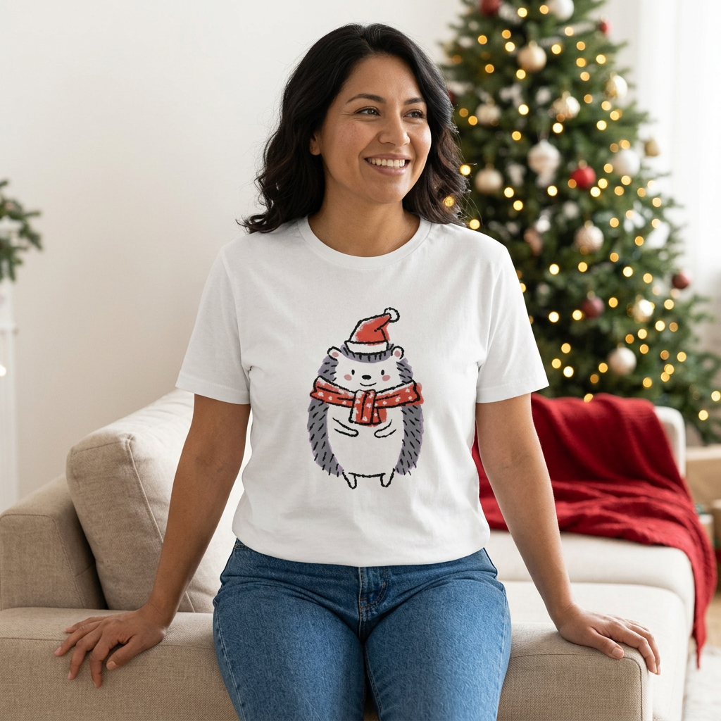 Lifestyle photo of a model wearing the white Santa Hedgehog T-shirt