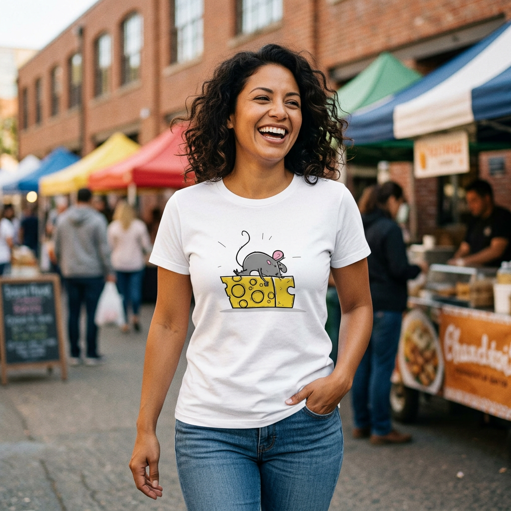 Lifestyle photo of a model wearing the white Say Cheese T-shirt
