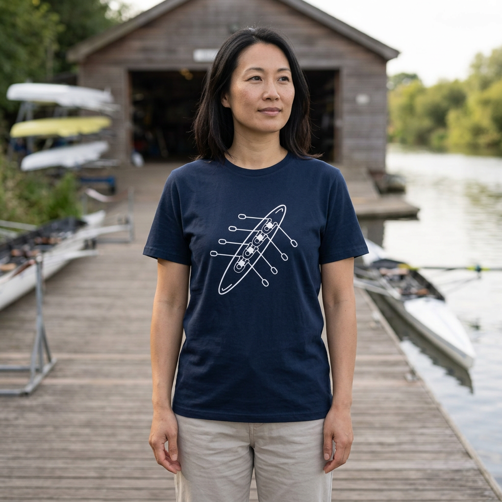 A woman stands on a wooden dock wearing a navy blue t-shirt with a white graphic of a rowing boat and oars, with a rowing clubhouse and boats in the background.