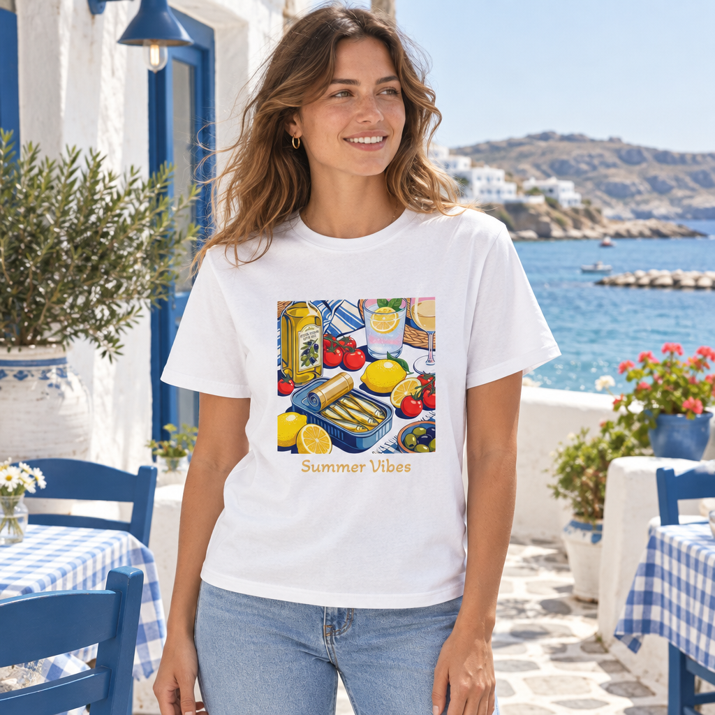 A model wearing summer vibes graphic t-shirt made of 100% cotton
