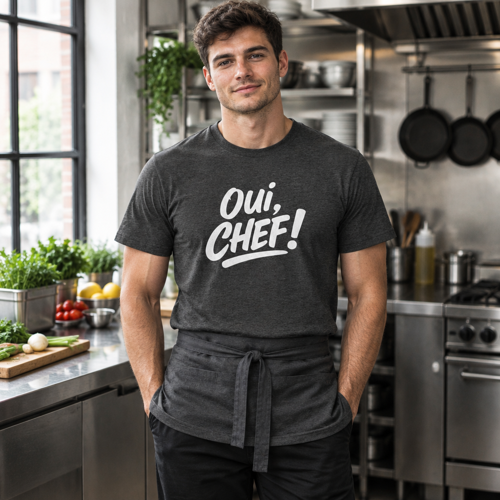 Chef wearing the Oui Chef T-shirt as a part of uniform