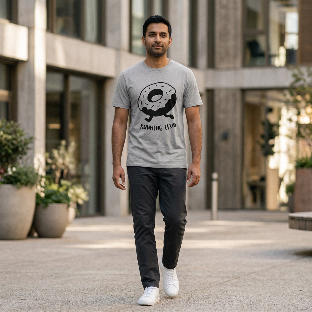A man walking outdoors in an urban setting wearing a light gray crewneck t-shirt with a black graphic of a donut and the words 'RUNNING CLUB'.