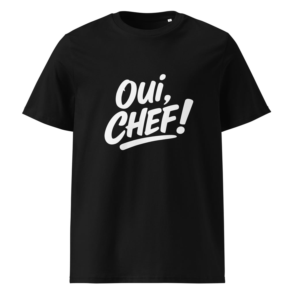 Black t-shirt with 'Oui, Chef!' text on a white background