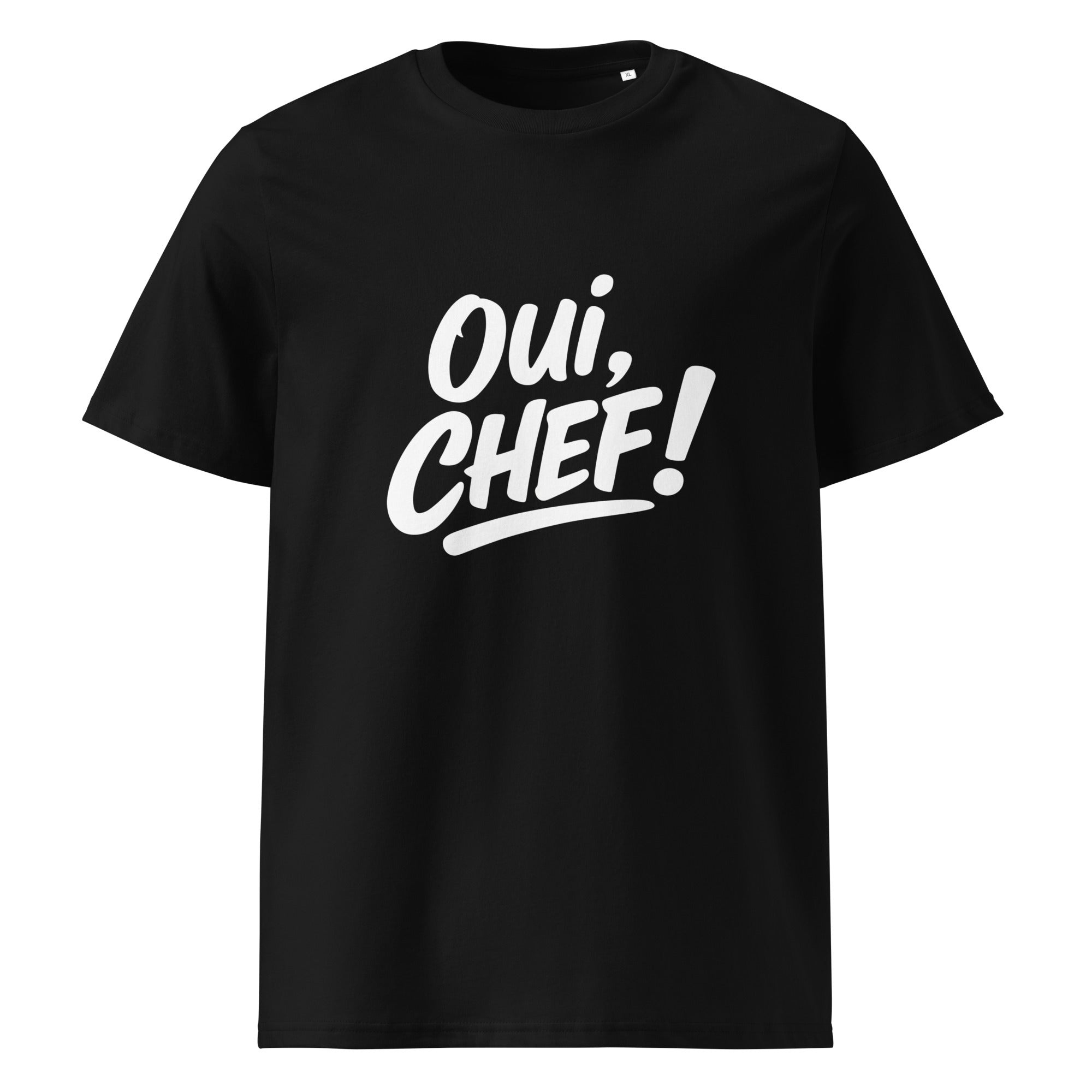 Black t-shirt with 'Oui, Chef!' text on a white background