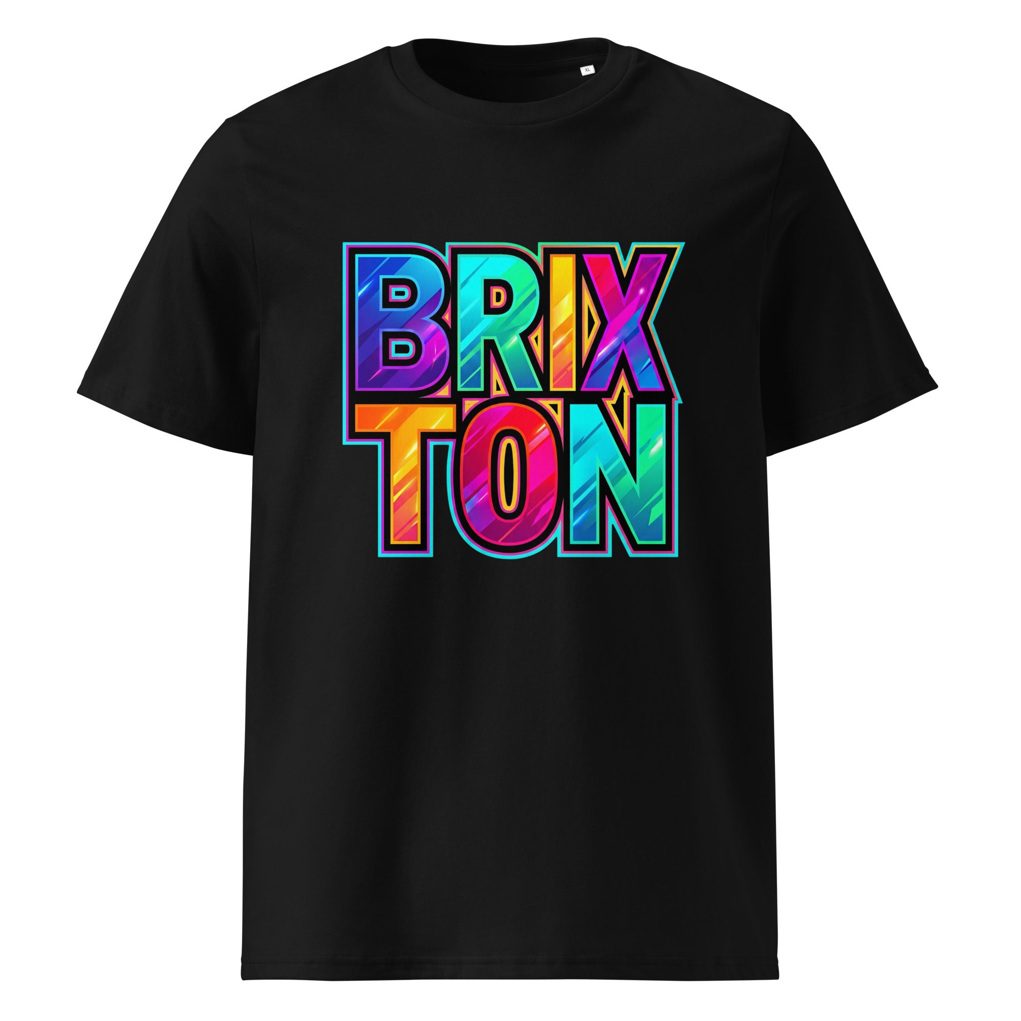 Black t-shirt with 'Brixton' in colorful letters on a white background