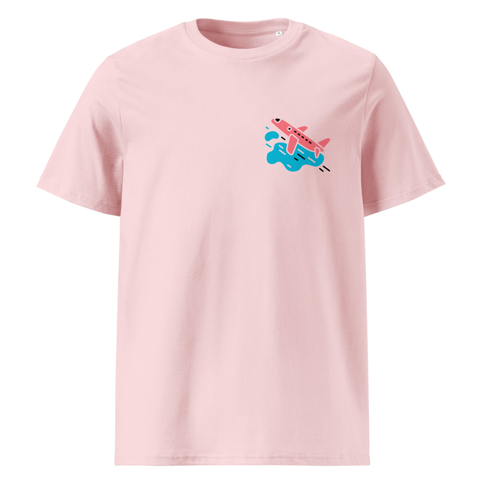 Pink t-shirt with a graphic of an airplane and clouds