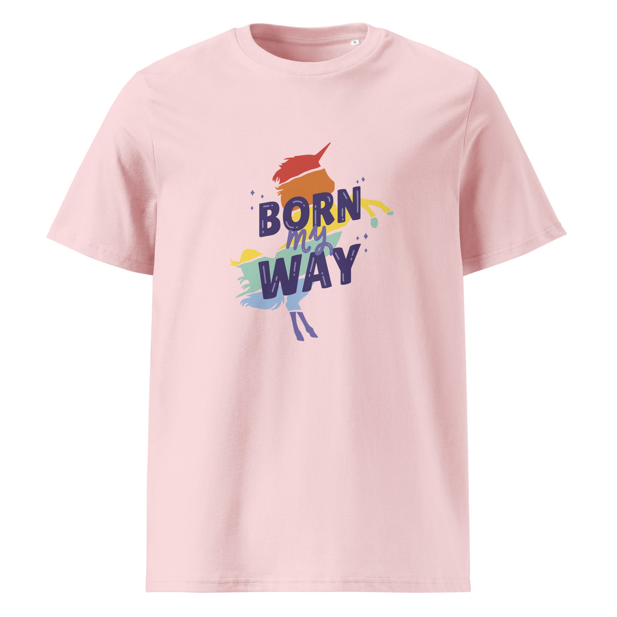 Pink t-shirt with colorful graphic and text 'Born My Way'