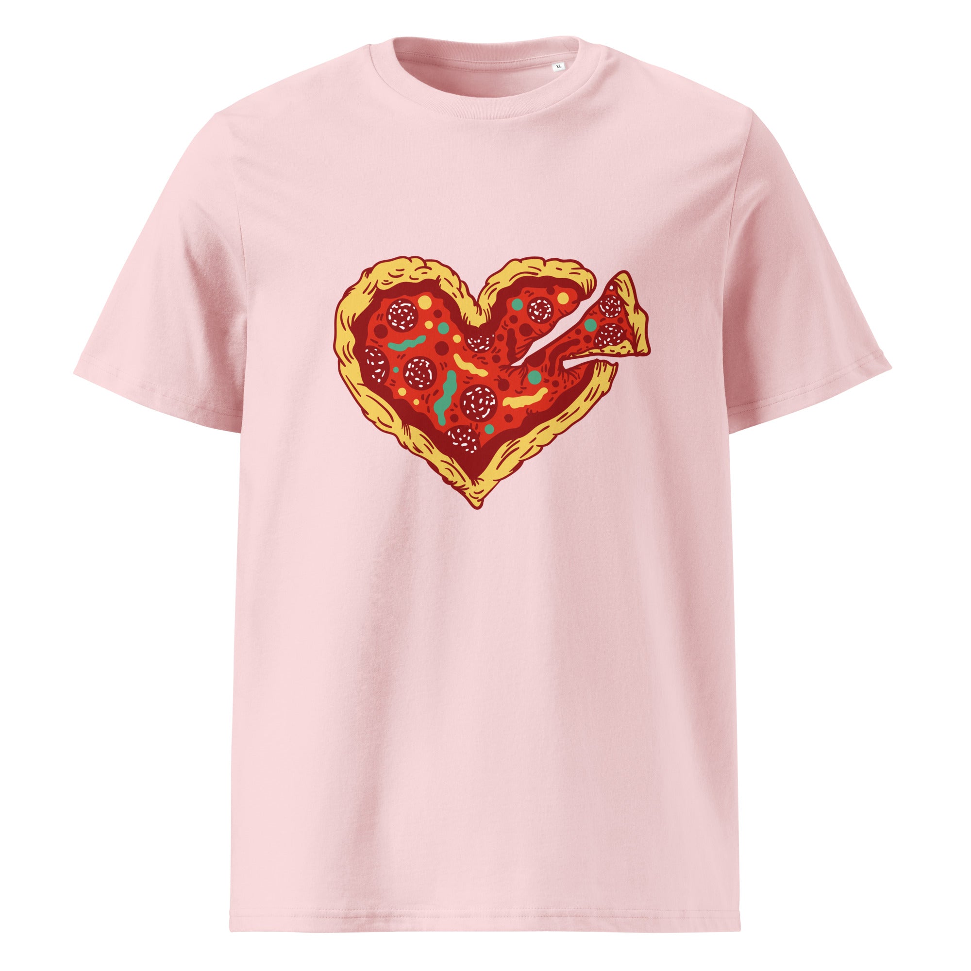 A light pink short-sleeve crewneck t-shirt featuring a heart-shaped pizza graphic on the chest, displayed against a solid white background.