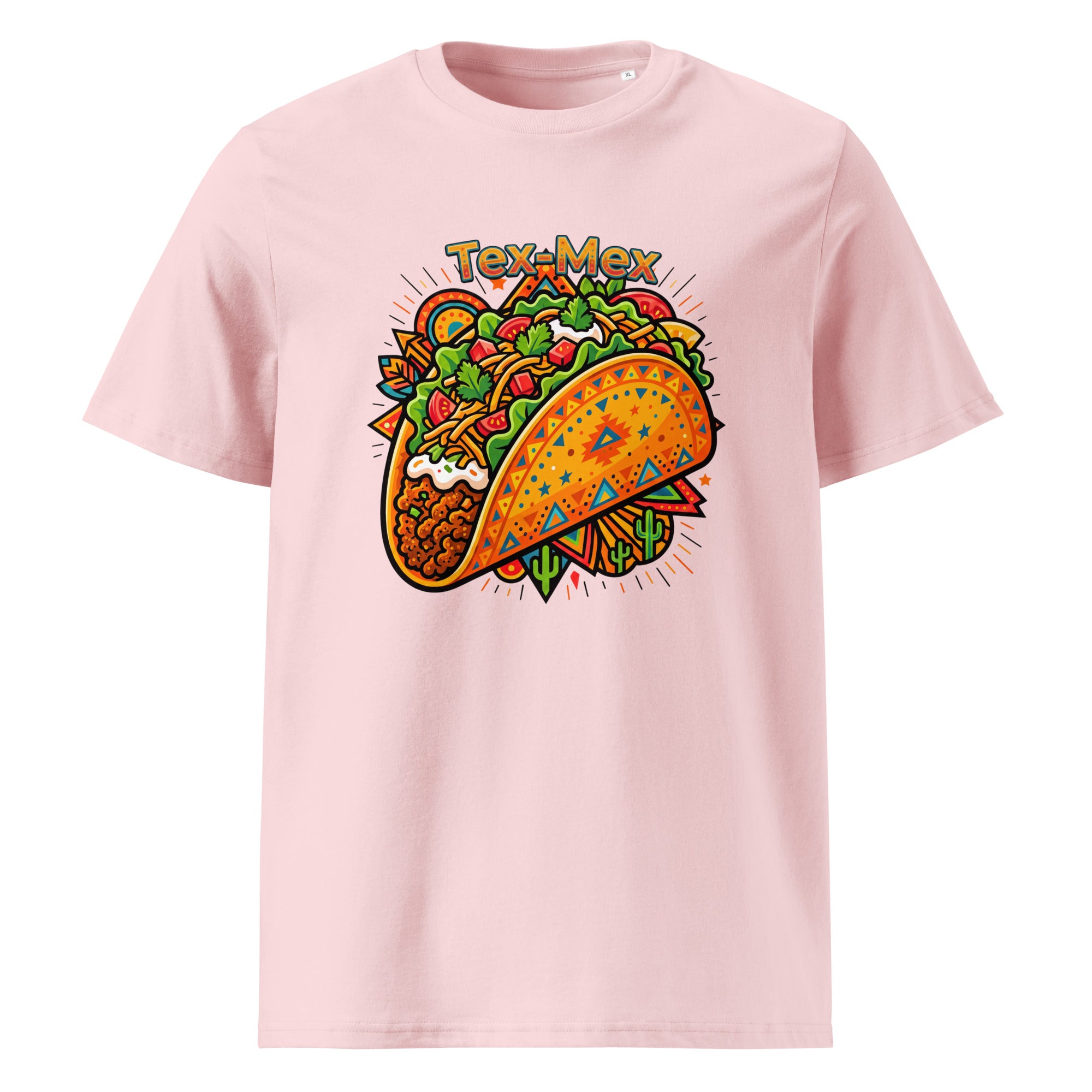 A light pink short-sleeve crewneck t-shirt featuring a colorful graphic of a taco filled with salad, strawberries, and beans, with the text 'Tex-Mex' above it, displayed on a solid white background.