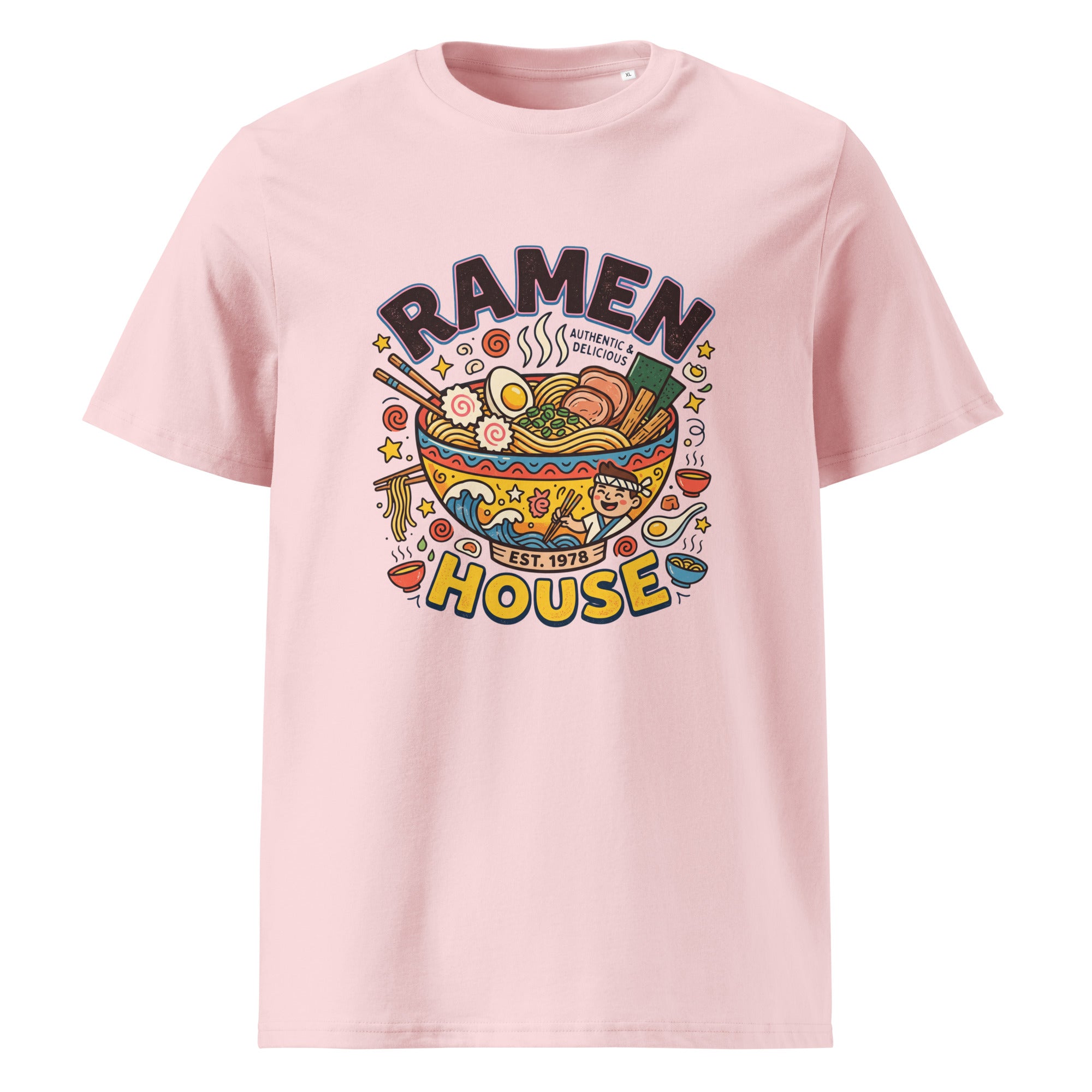 A light pink short-sleeve crewneck t-shirt featuring a colorful graphic print of a ramen bowl with the text 'RAMEN HOUSE' and 'EST. 1978' on the front.