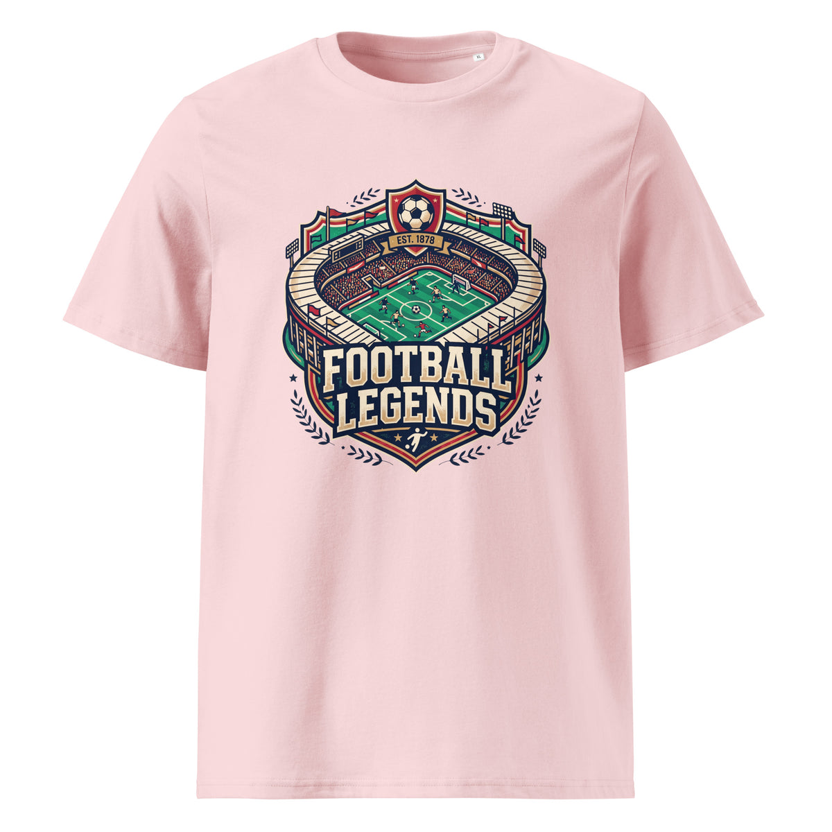 A light pink short-sleeve crewneck t-shirt featuring a large graphic print on the front. The graphic depicts a detailed football stadium with a soccer ball in the stands and the text 'FOOTBALL LEGENDS' in bold lettering.