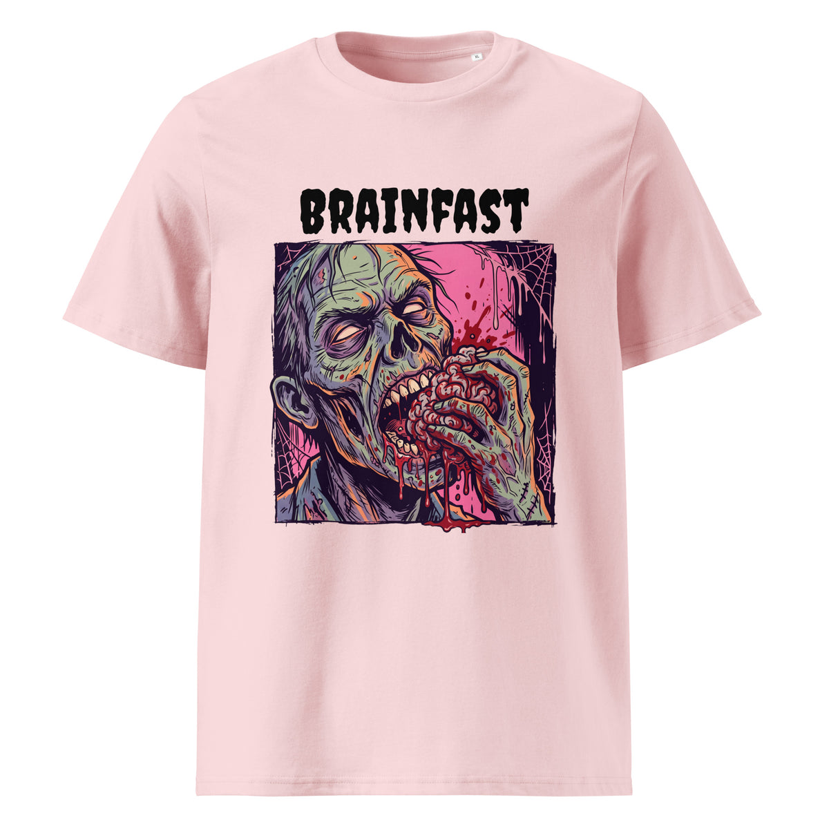 A short-sleeve crewneck t-shirt featuring a  Halloween graphic print of a zombie eating a brain with the word 'BRAINFAST' printed above it, displayed on a solid white background.