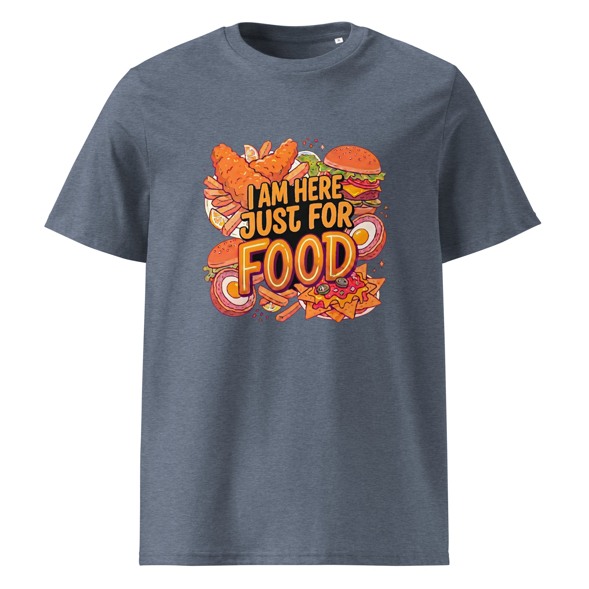 Gray t-shirt with colorful graphic and text 'I am here just for food' 