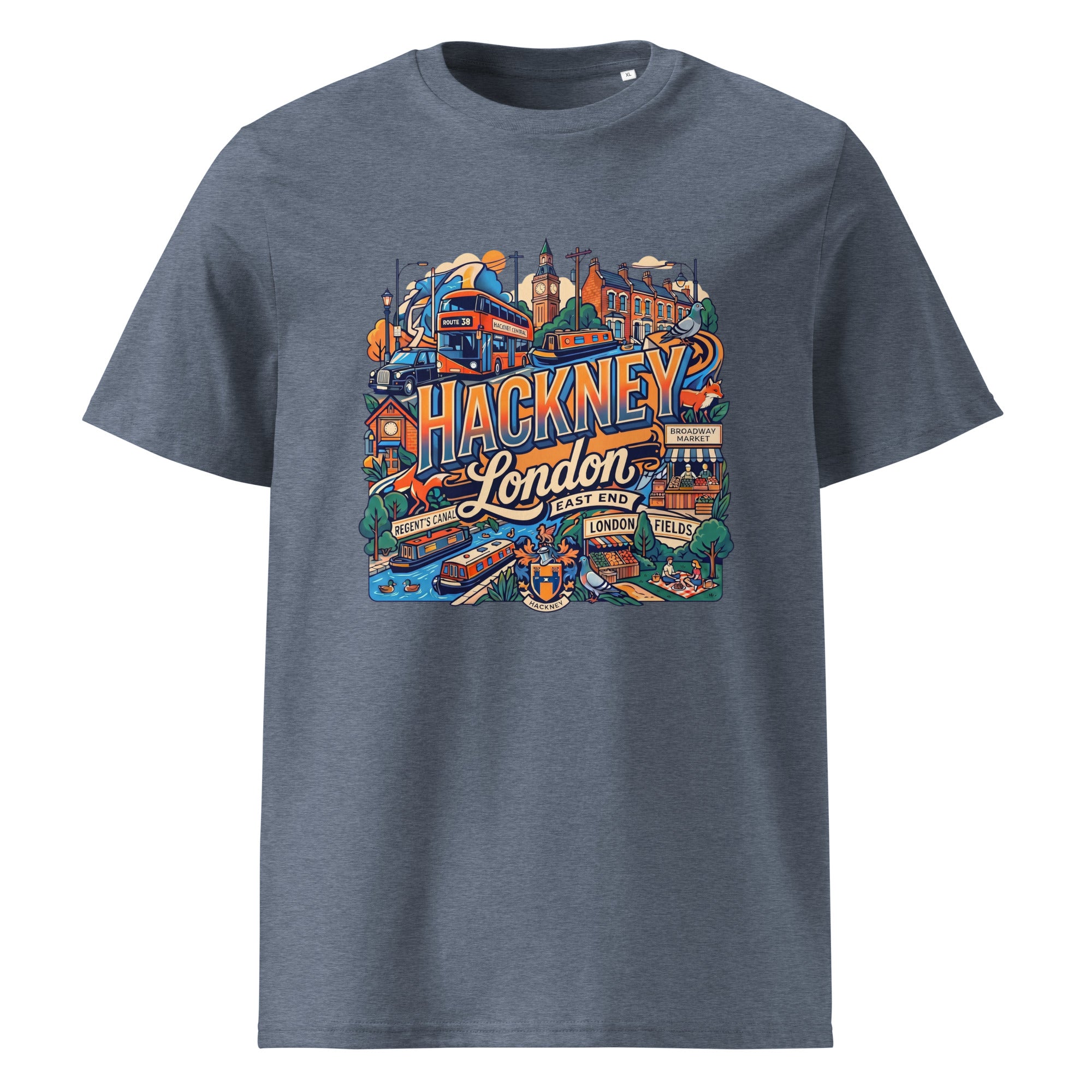 T-shirt with colorful 'Hackney London' graphic design on a white background