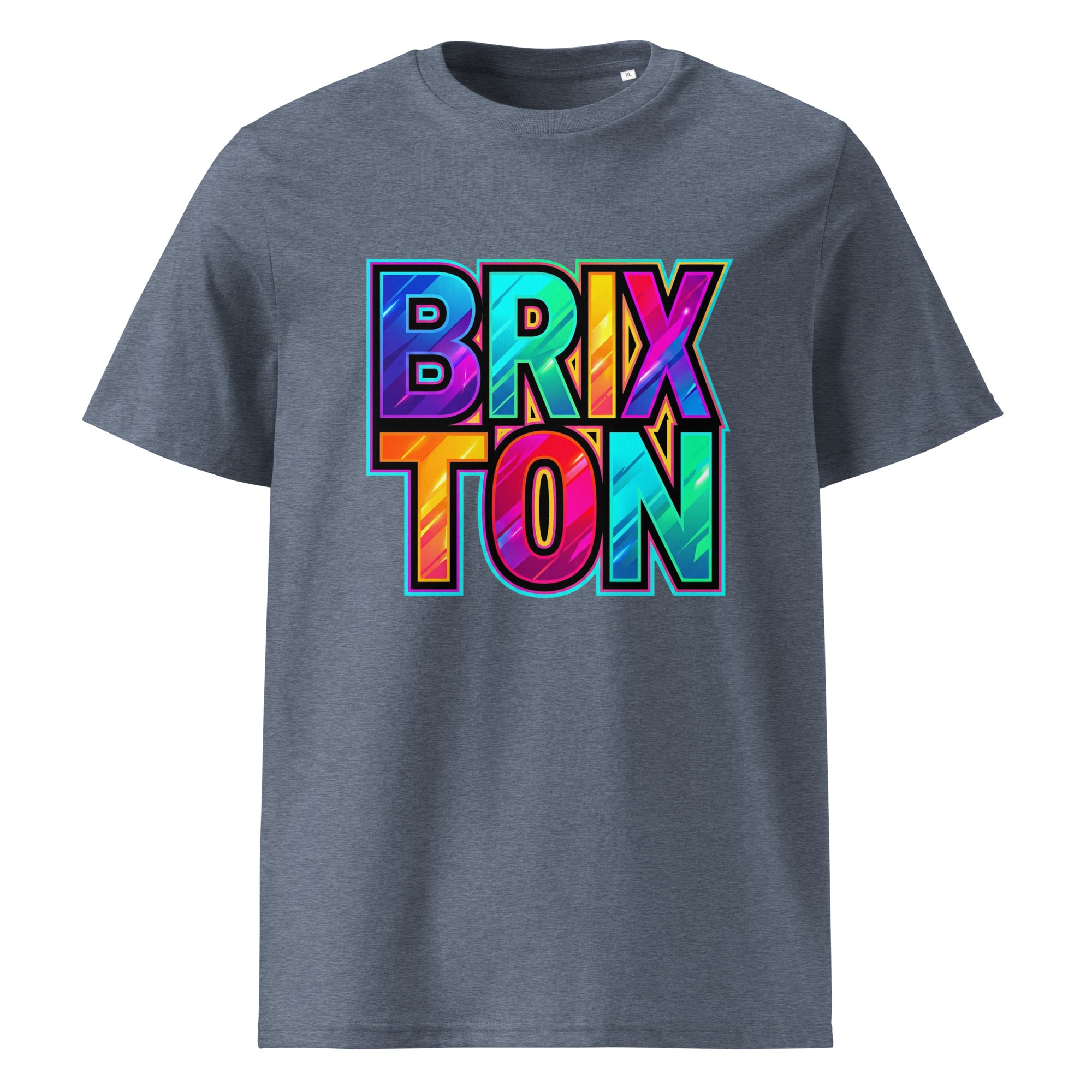 T-shirt with 'Brixton' in colorful letters on a white background
