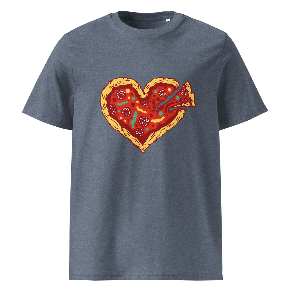 A crewneck t-shirt featuring a graphic of a heart-shaped pizza with a slice pulled out, displayed on a solid white background.