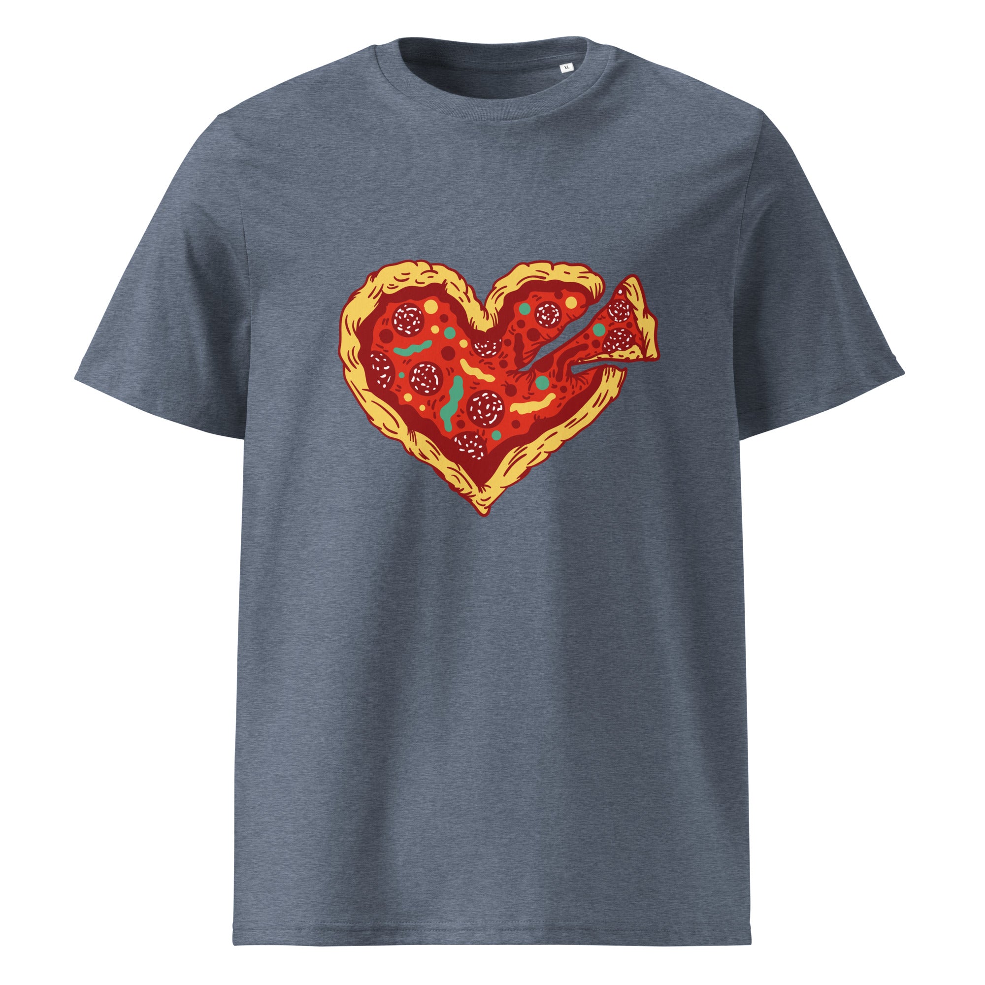 A crewneck t-shirt featuring a graphic of a heart-shaped pizza with a slice pulled out, displayed on a solid white background.