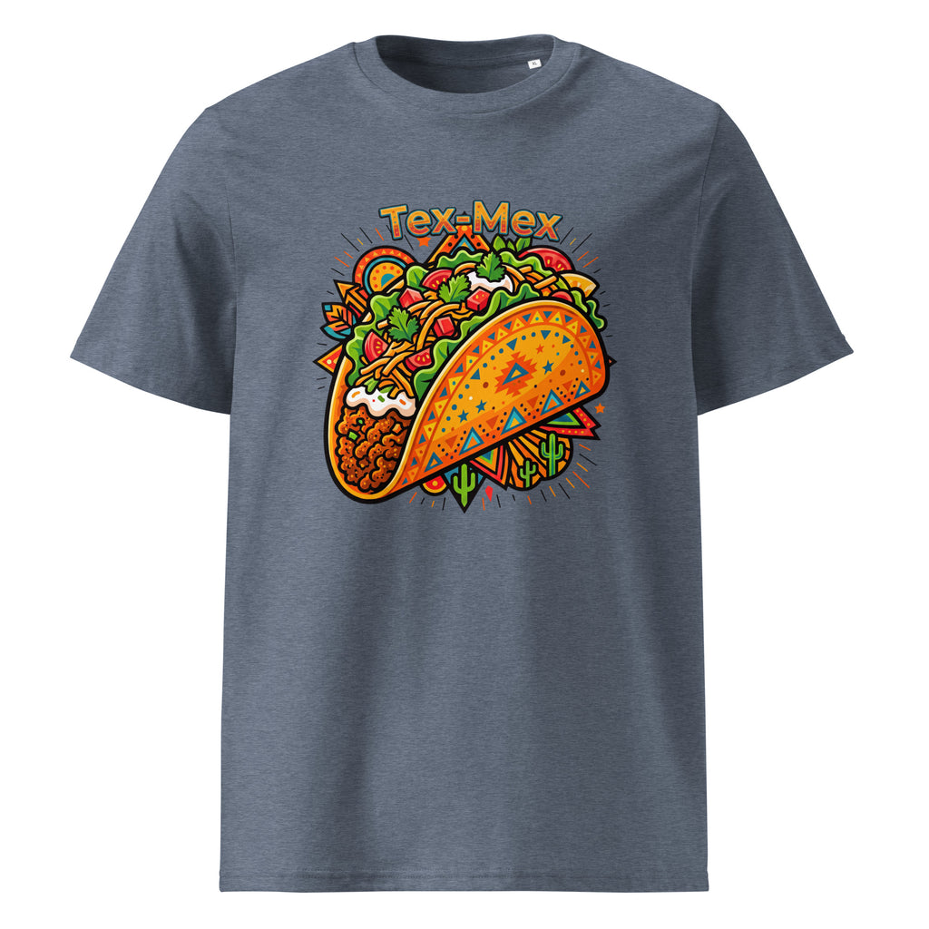A heathered slate blue crewneck t-shirt featuring a colorful graphic of a taco with the text 'Tex-Mex' above it, displayed on a solid white background.