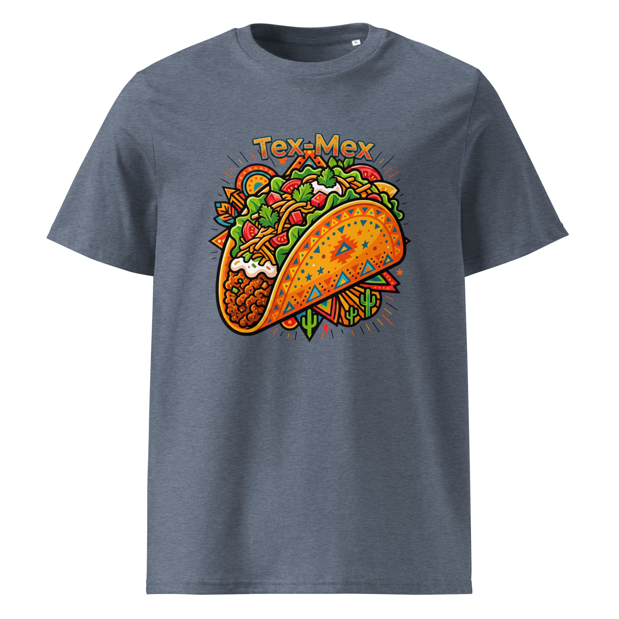 A heathered slate blue crewneck t-shirt featuring a colorful graphic of a taco with the text 'Tex-Mex' above it, displayed on a solid white background.