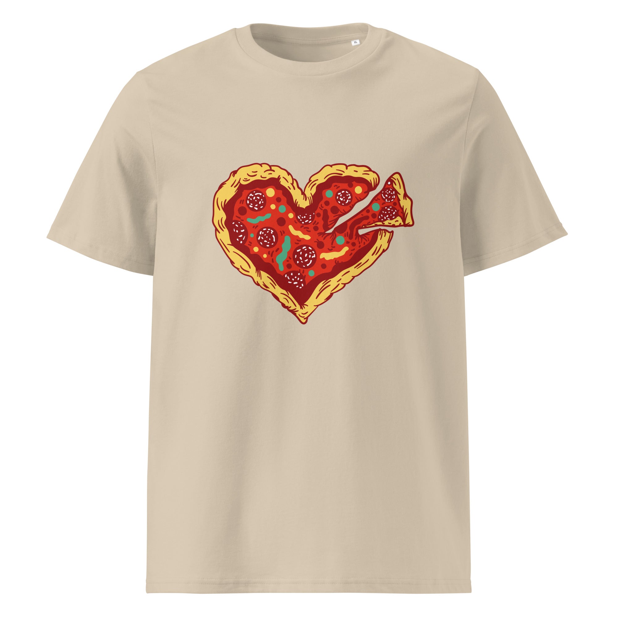 A crewneck t-shirt featuring a graphic of a heart-shaped pizza with a slice cut out, on a solid white background.