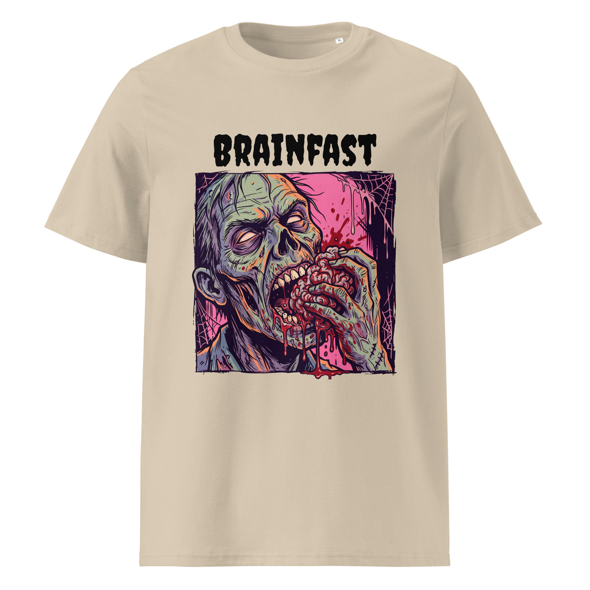 A short-sleeve crewneck t-shirt featuring a  Halloween graphic print of a zombie eating a brain with the word 'BRAINFAST' printed above it, displayed on a solid white background.
