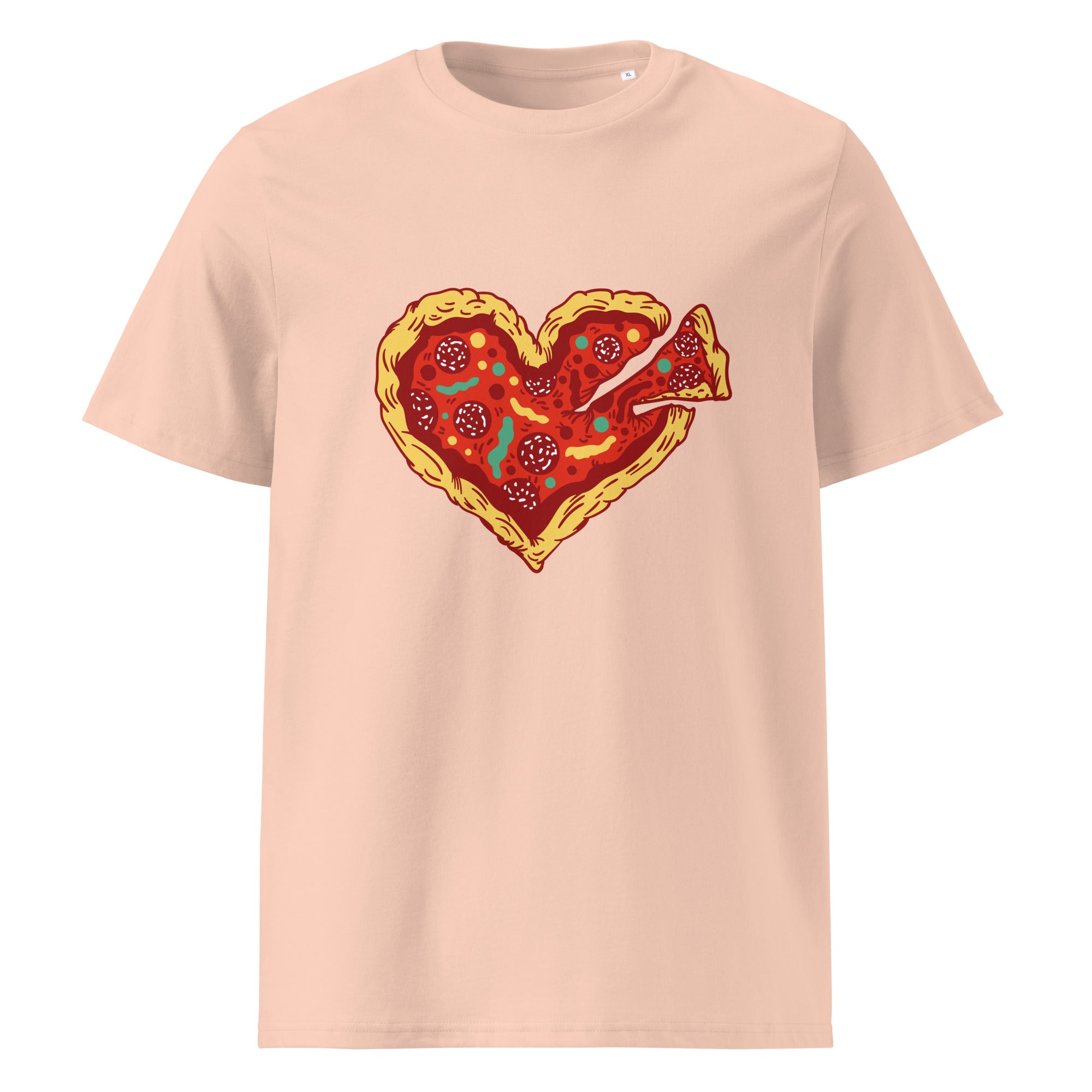 A crewneck t-shirt featuring a graphic of a heart-shaped pizza with a slice pulled out, displayed on a clean white background.