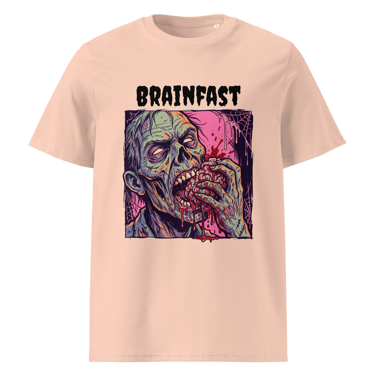 A short-sleeve crewneck t-shirt featuring a  Halloween graphic print of a zombie eating a brain with the word 'BRAINFAST' printed above it, displayed on a solid white background.