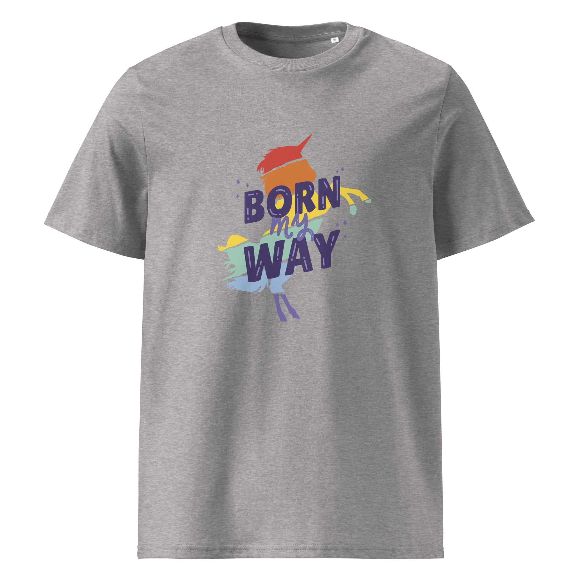 Gray t-shirt with colorful graphic and text 'BORN MY WAY' 
