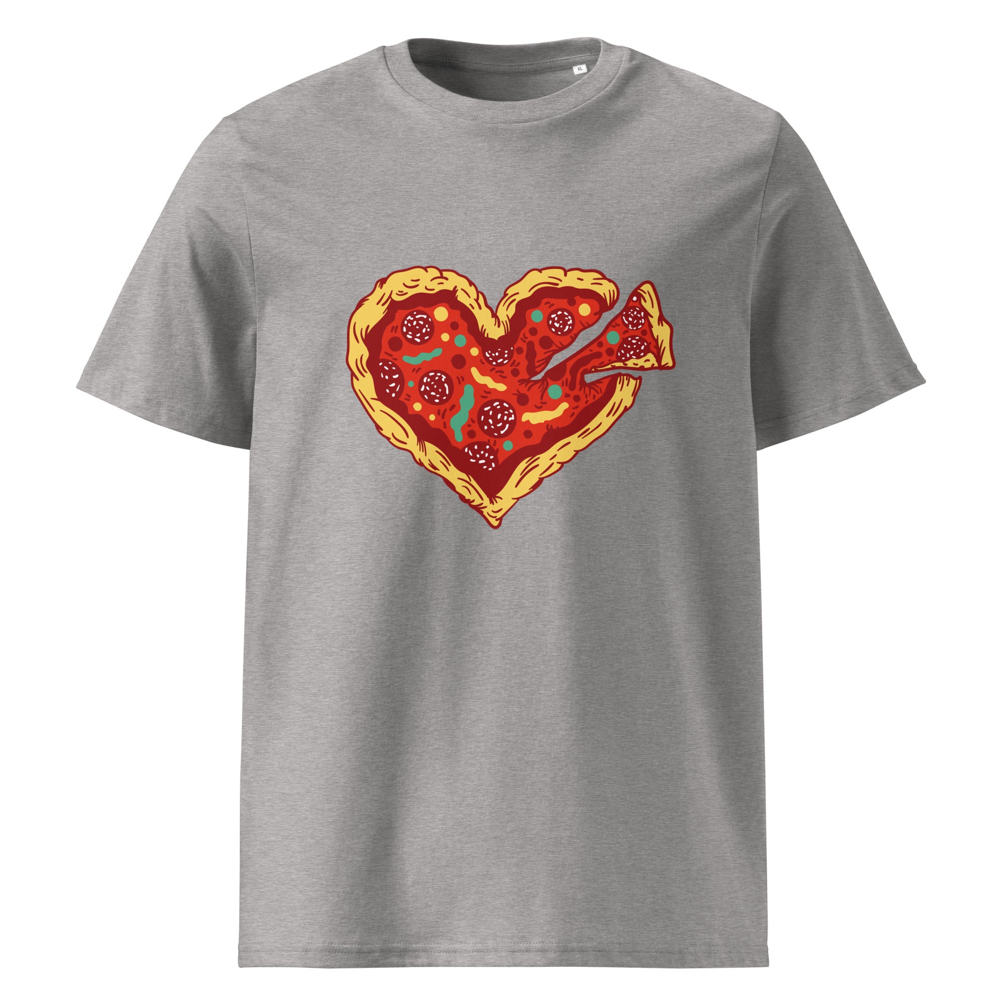 A heather gray short-sleeve crewneck t-shirt featuring a heart-shaped pizza graphic on the chest, with a slice of pizza illustrated in red, orange, yellow, and green.