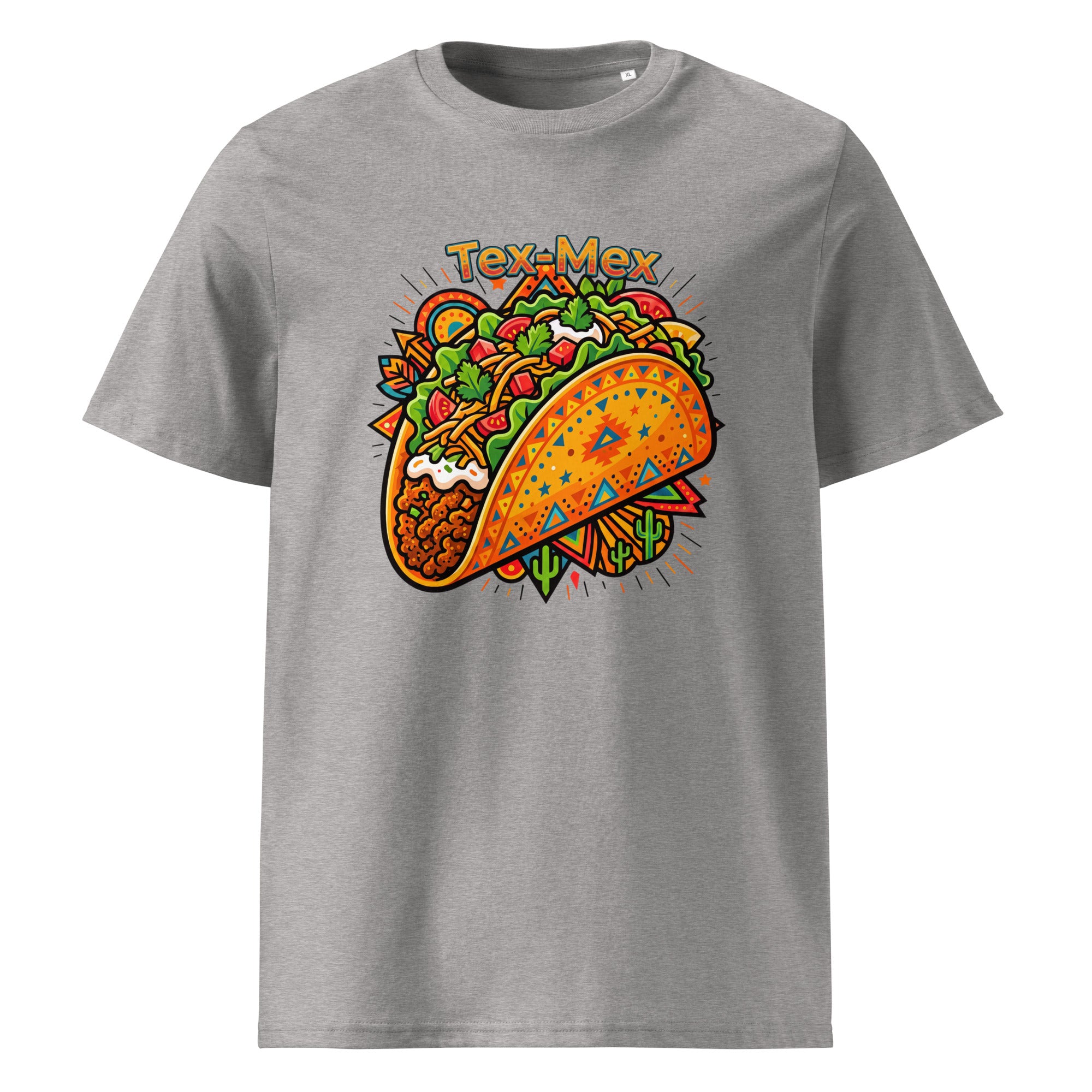 A heather gray short-sleeve crewneck t-shirt featuring a colorful graphic of a taco with the text 'Tex-Mex' above it, displayed on a solid white background.